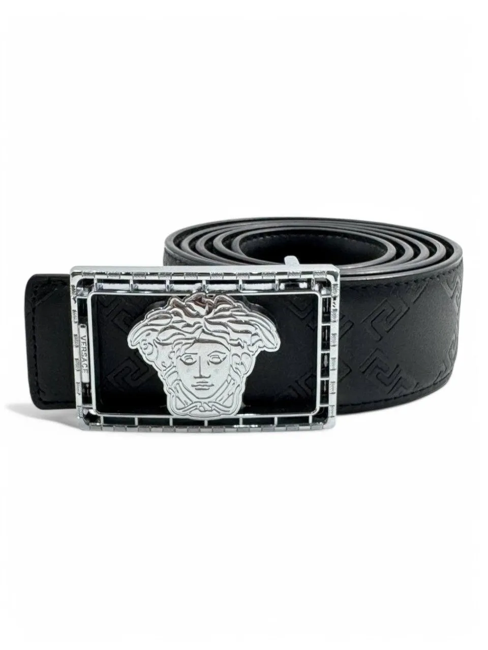Versace-Inspired Black Leather Belt for Men – Medusa Buckle & Embossed Detailing