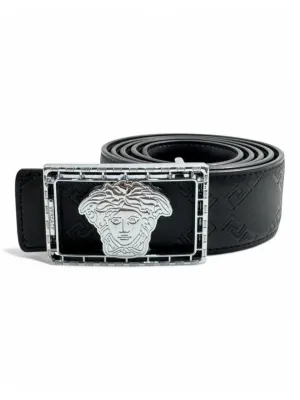 Versace-Inspired Black Leather Belt for Men – Medusa Buckle & Embossed Detailing