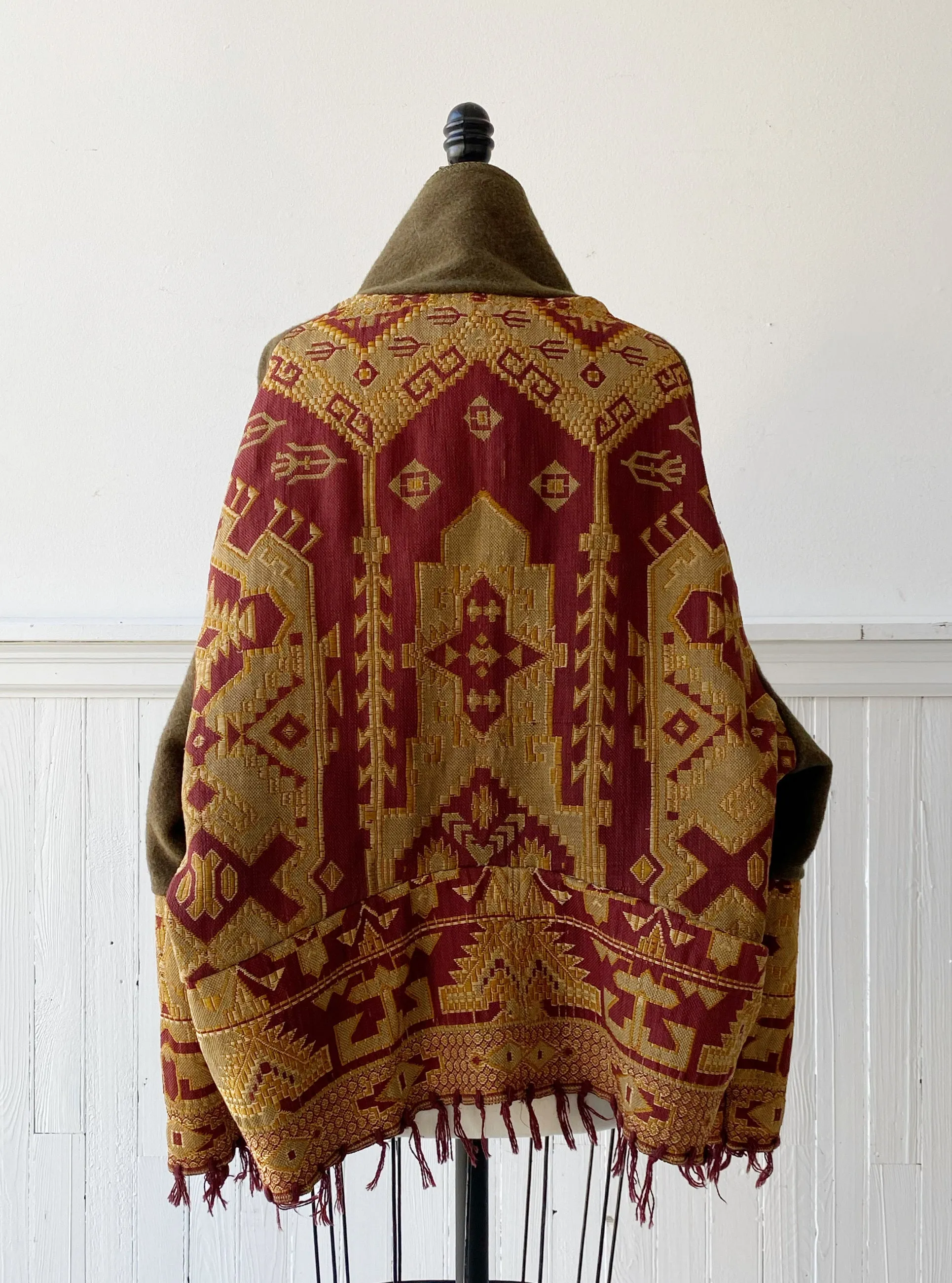 victorian jacquard and army blanket cocoon