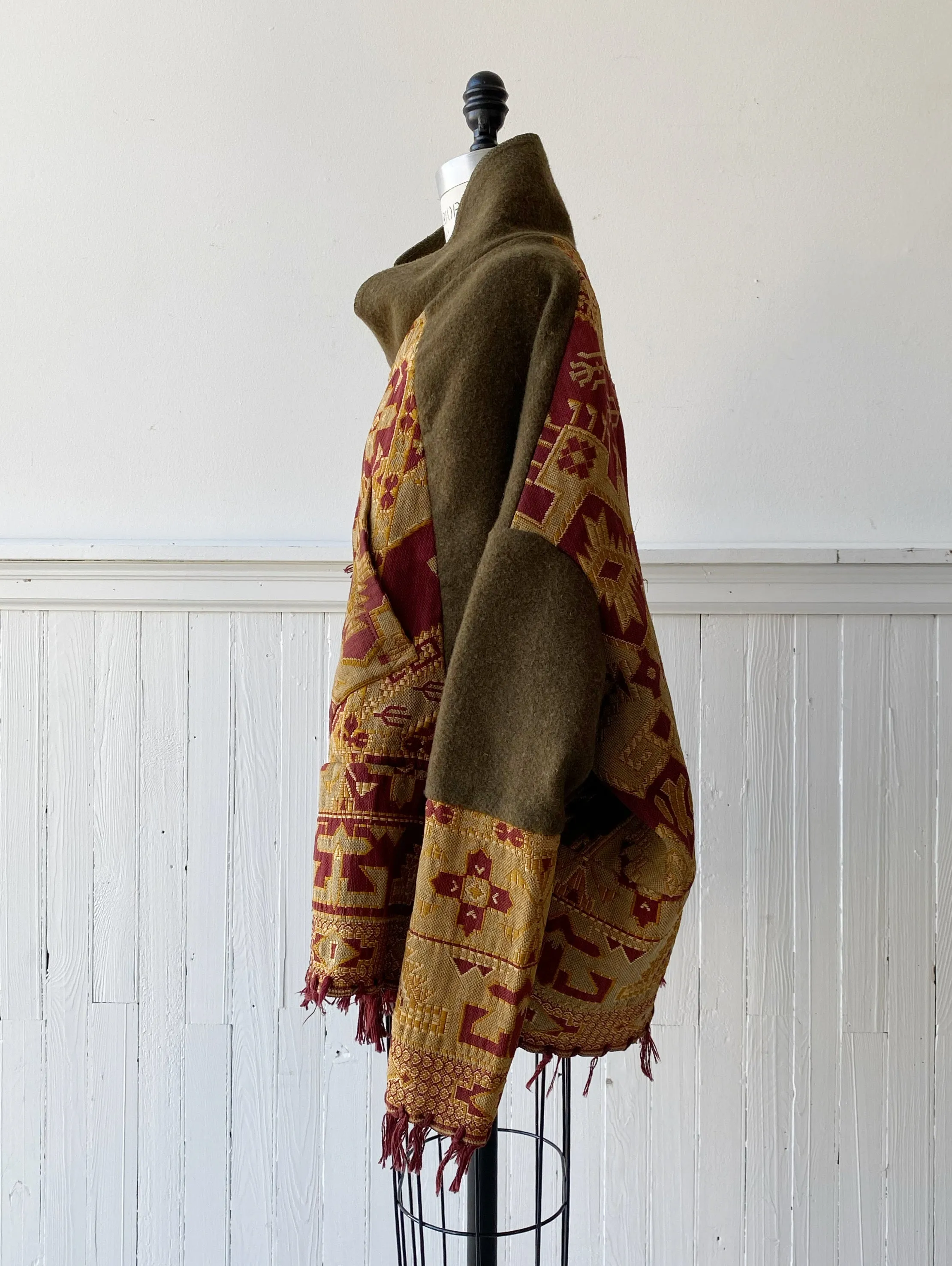 victorian jacquard and army blanket cocoon
