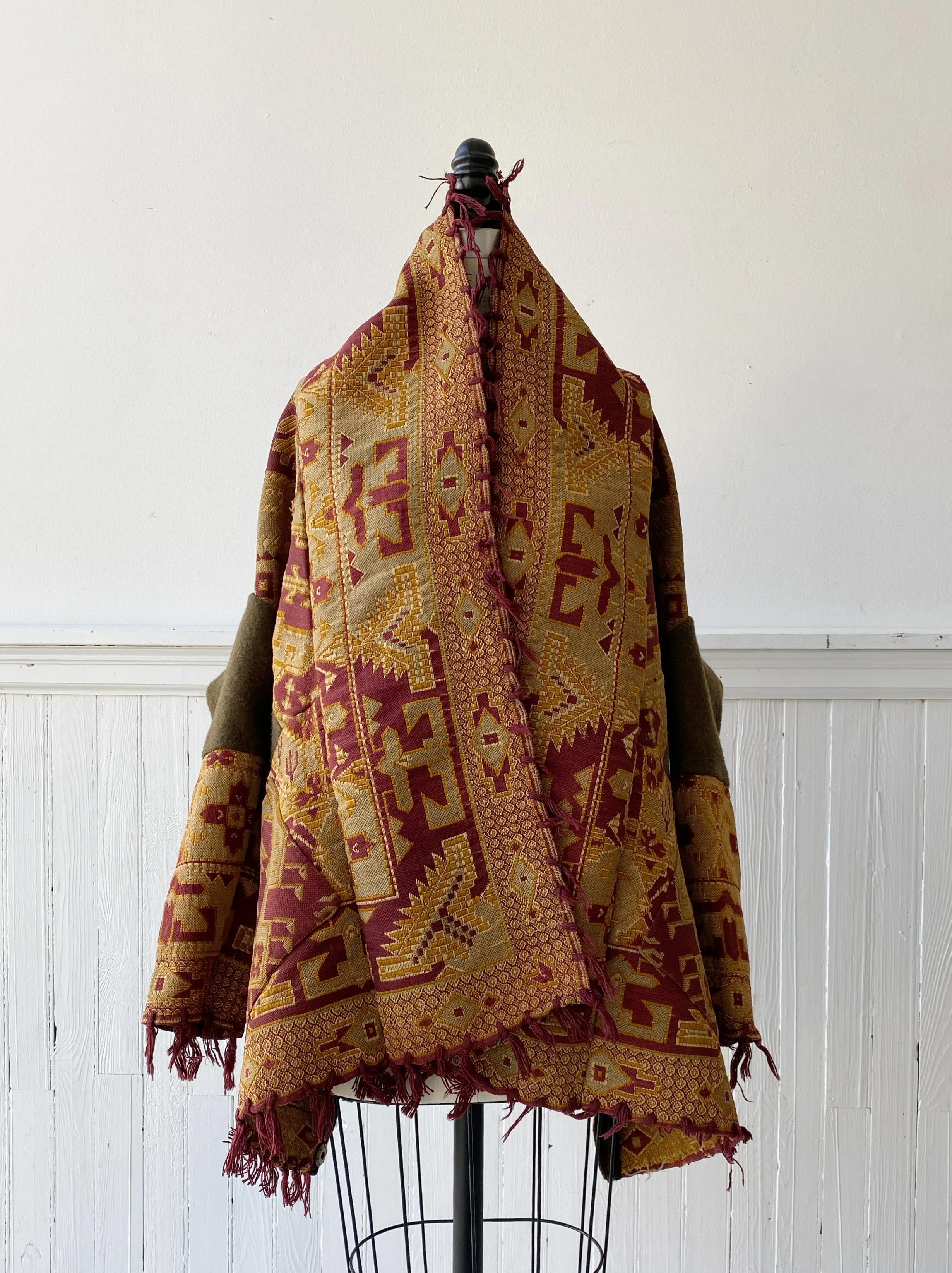 victorian jacquard and army blanket cocoon