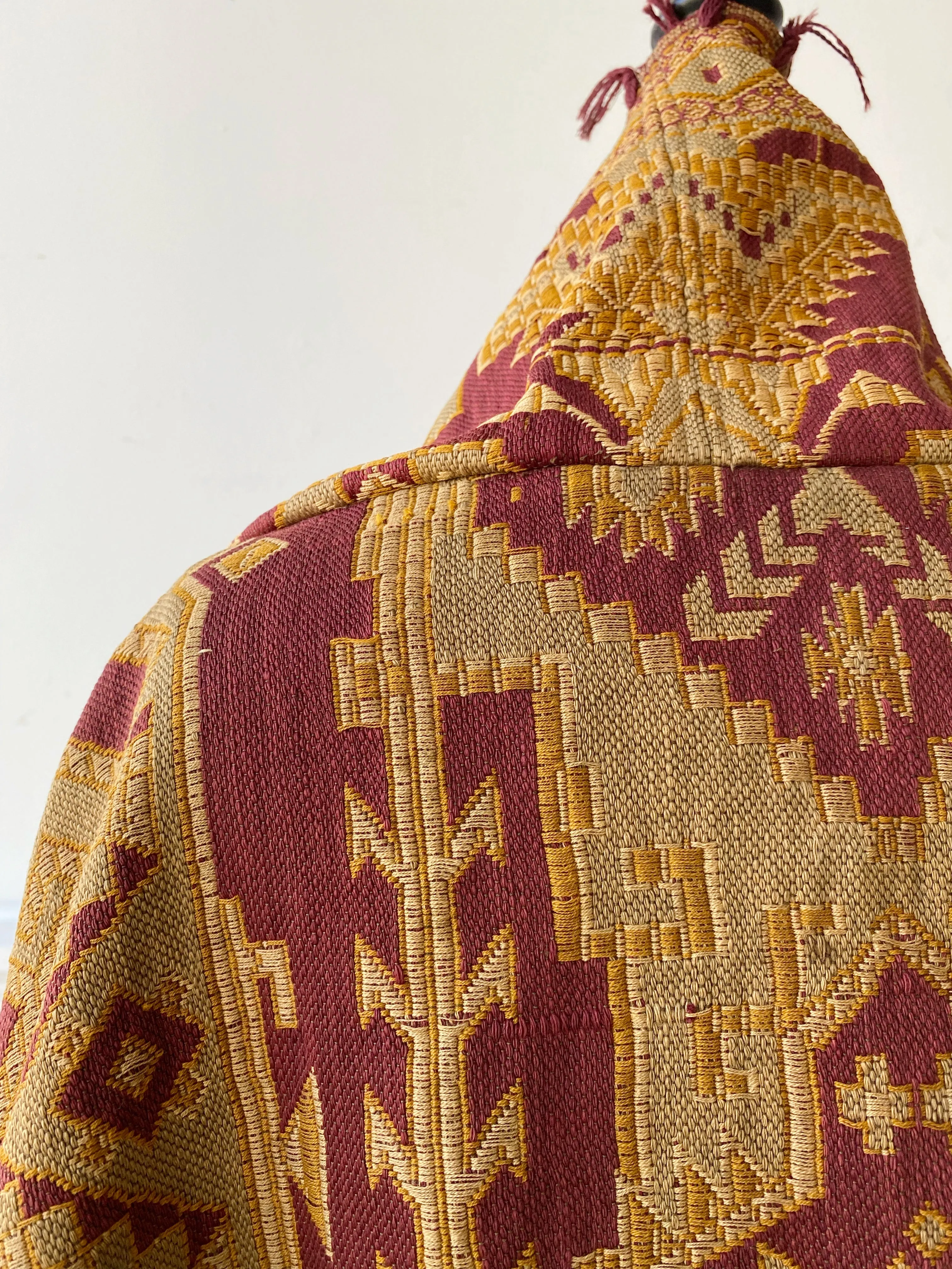 victorian jacquard and army blanket cocoon