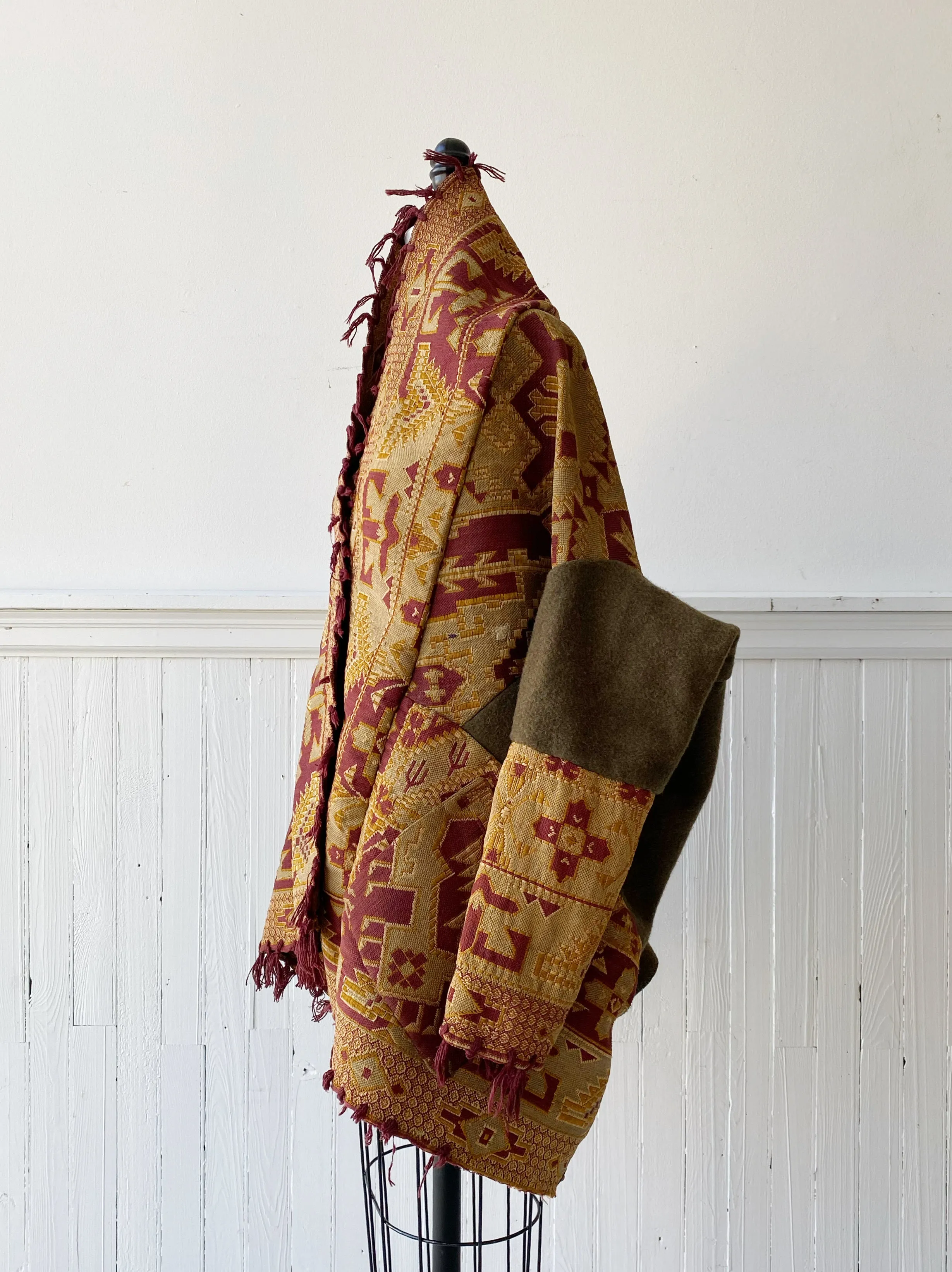 victorian jacquard and army blanket cocoon