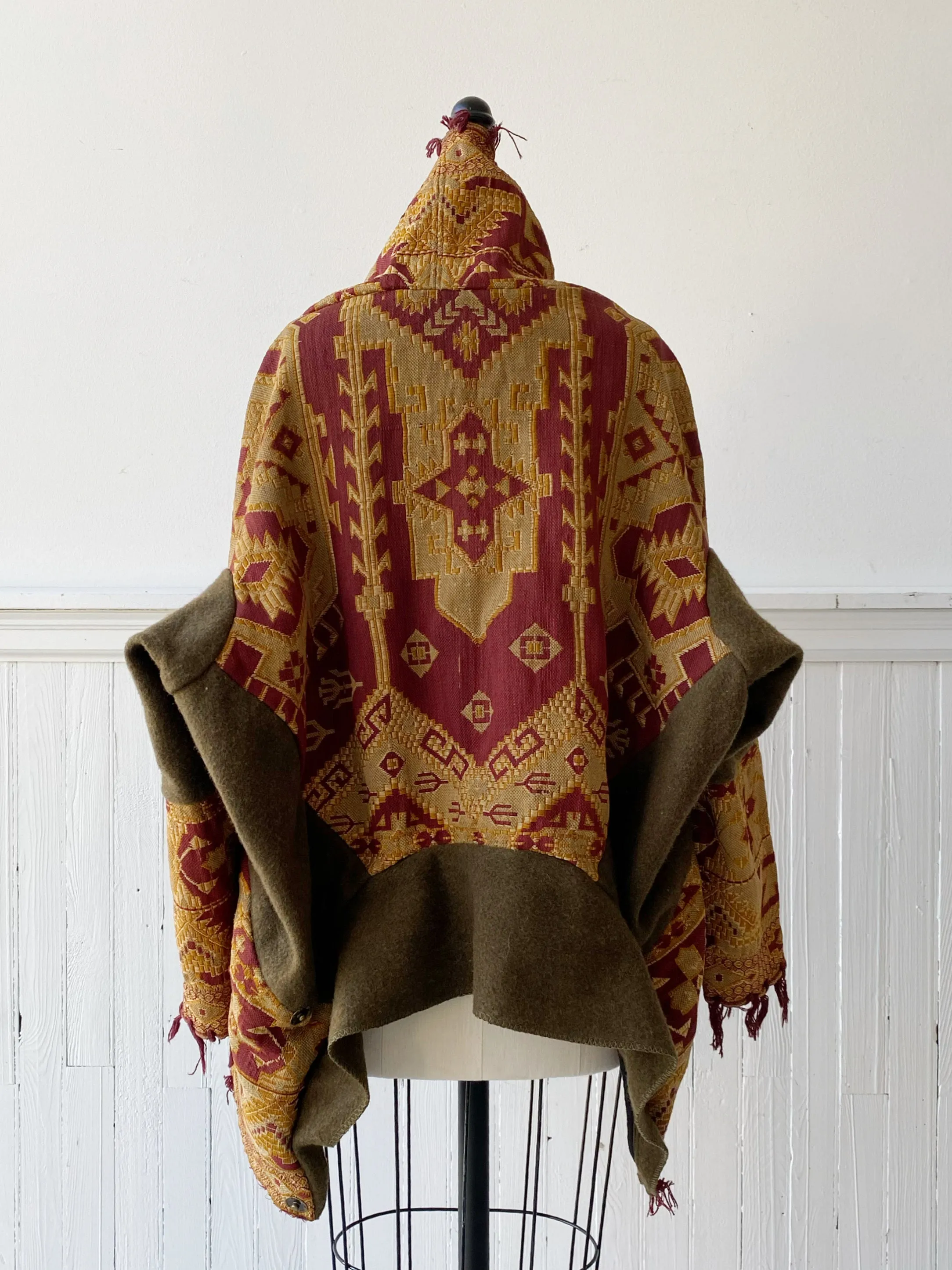 victorian jacquard and army blanket cocoon