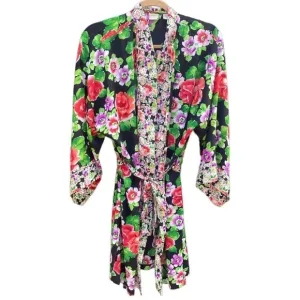 VICTORIA'S Secret Vintage Gold Label Black Floral Kimono Satin Robe One Size