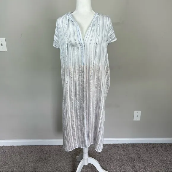 VINCE DRAPEY STRIPED SHIRRED DRESS SIZE XS IN WHITE AND BLUE