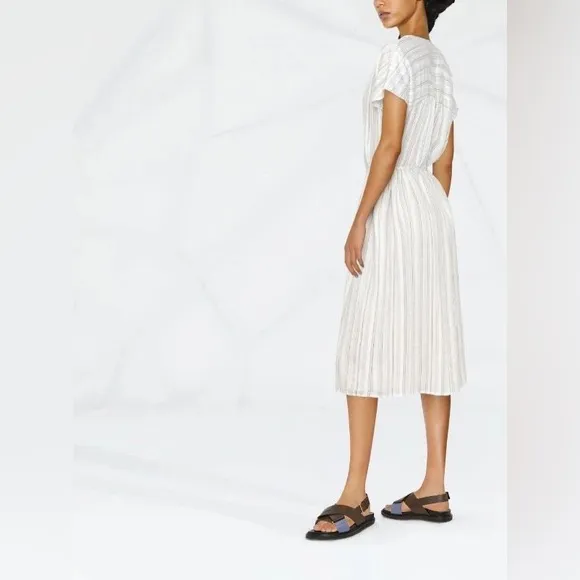 VINCE DRAPEY STRIPED SHIRRED DRESS SIZE XS IN WHITE AND BLUE