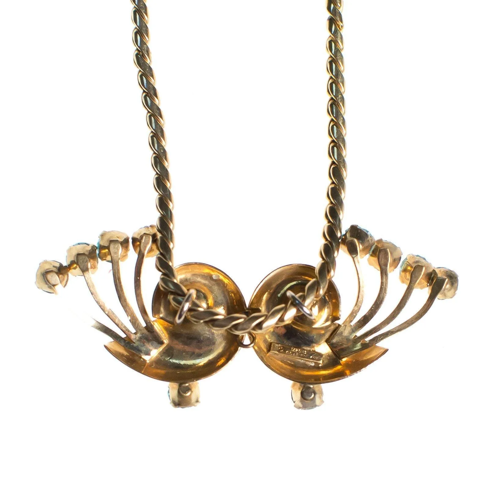 Vintage 1940s Van Dell Necklace, Blue Rhinestones, Gold Tone Necklace, Snap Clasp