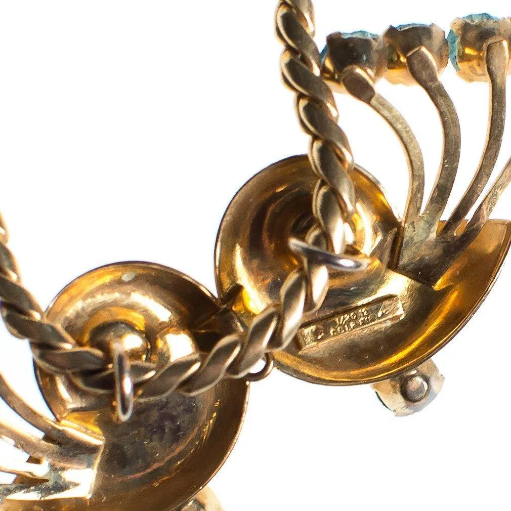Vintage 1940s Van Dell Necklace, Blue Rhinestones, Gold Tone Necklace, Snap Clasp
