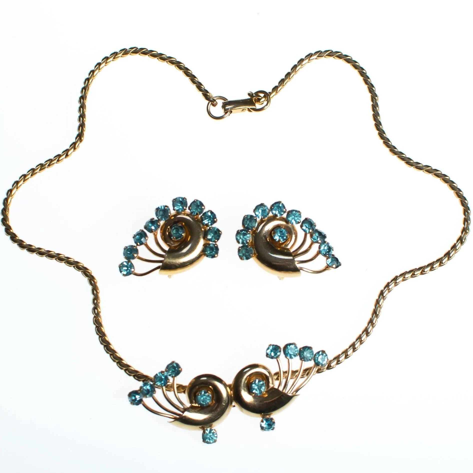 Vintage 1940s Van Dell Necklace, Blue Rhinestones, Gold Tone Necklace, Snap Clasp