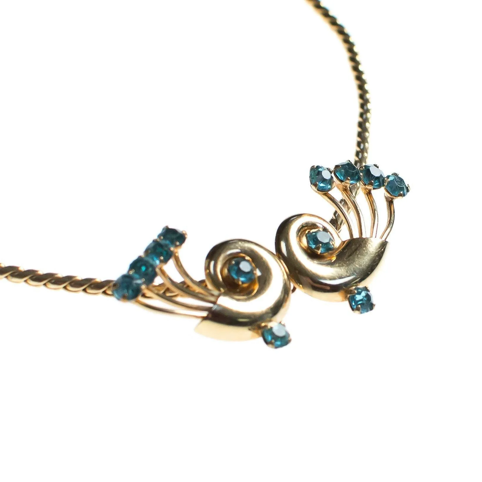 Vintage 1940s Van Dell Necklace, Blue Rhinestones, Gold Tone Necklace, Snap Clasp