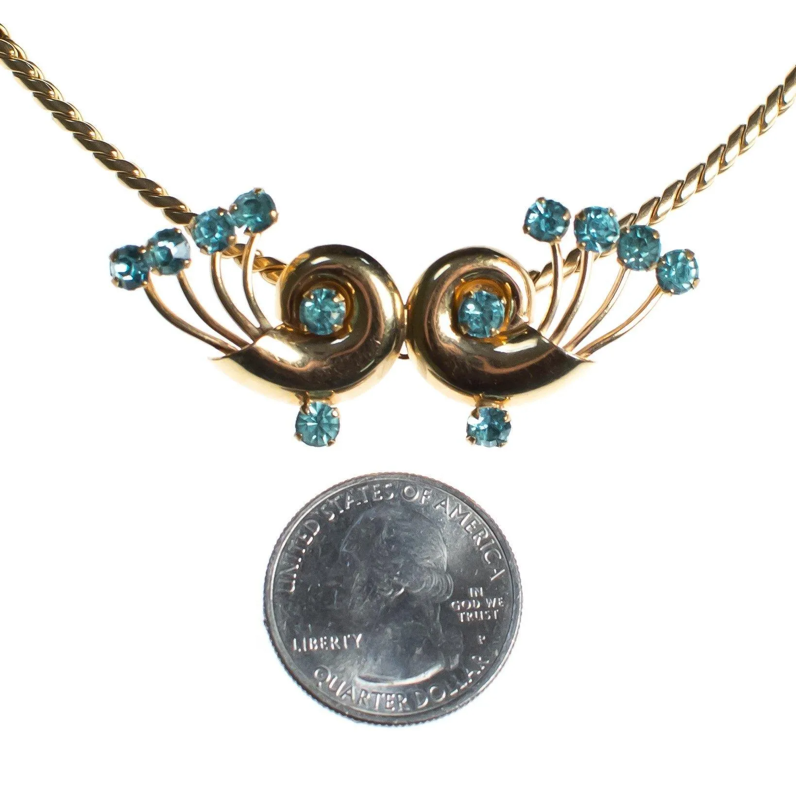 Vintage 1940s Van Dell Necklace, Blue Rhinestones, Gold Tone Necklace, Snap Clasp