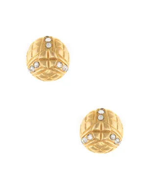 Vintage 1980s Chanel Earrings Round Clip On Crystal Yellow Gold Tone Quilt