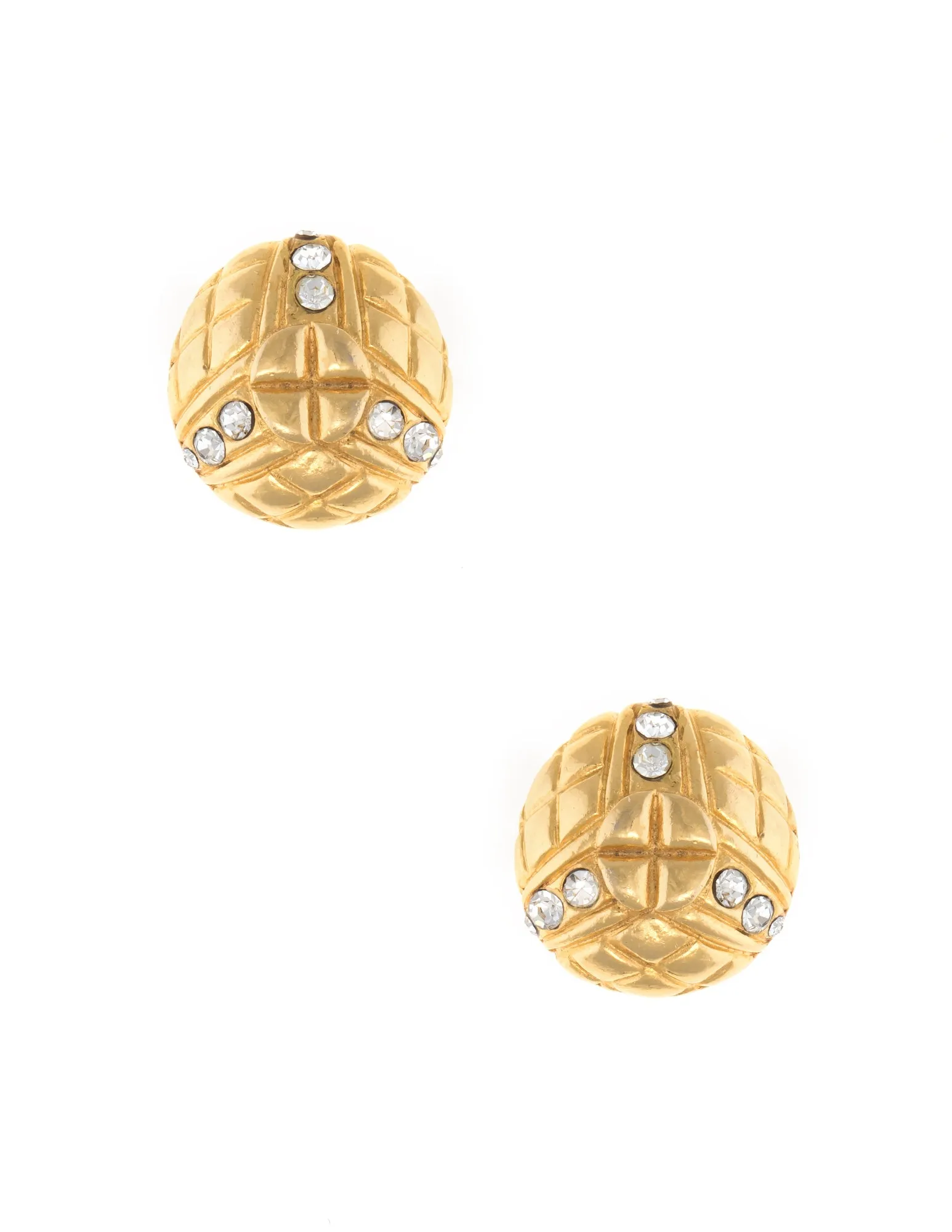 Vintage 1980s Chanel Earrings Round Clip On Crystal Yellow Gold Tone Quilt