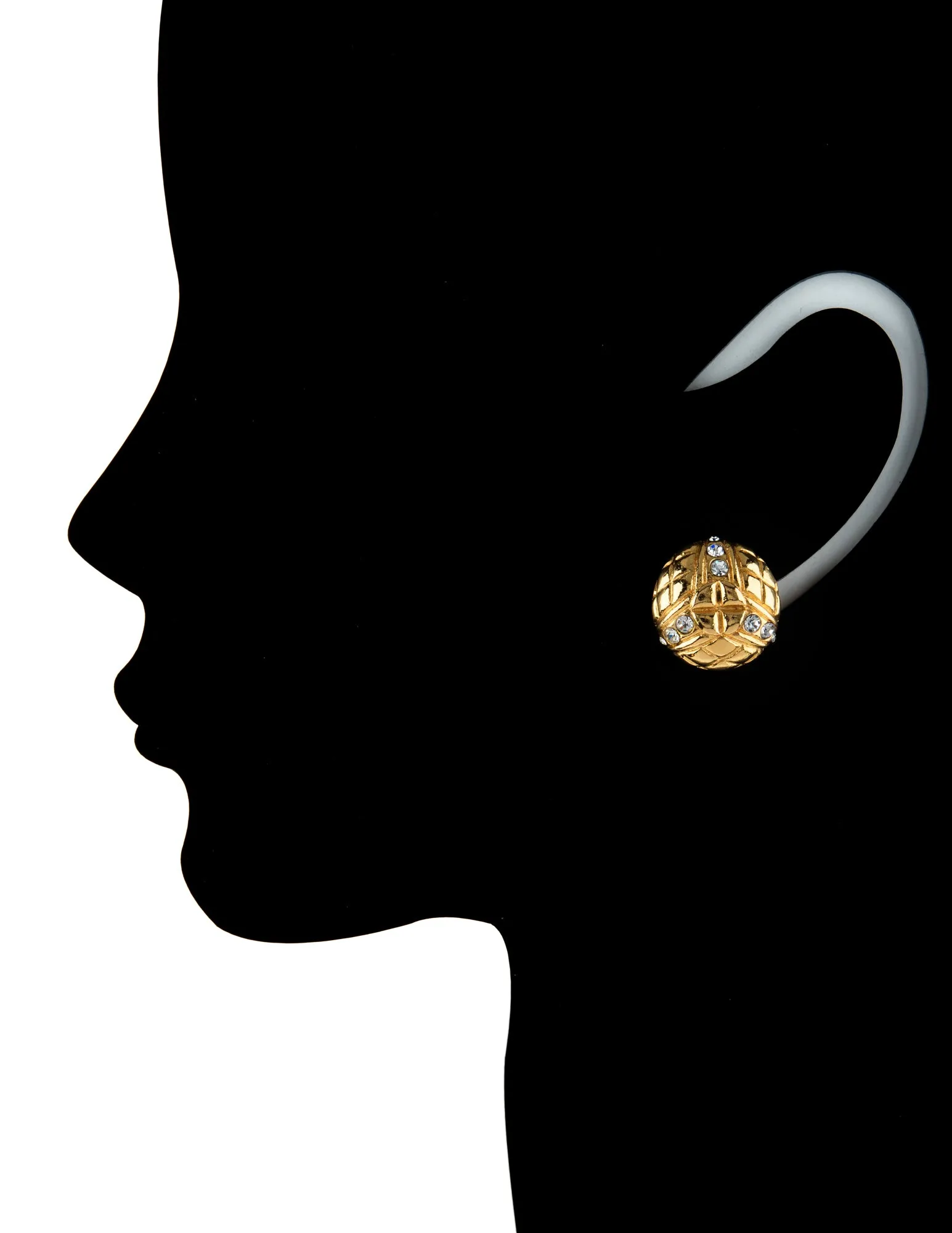 Vintage 1980s Chanel Earrings Round Clip On Crystal Yellow Gold Tone Quilt