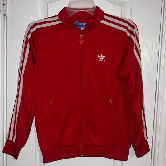 Vintage Adidas Red 3-Stripe Full Zip Jacket Jogging Back Logo