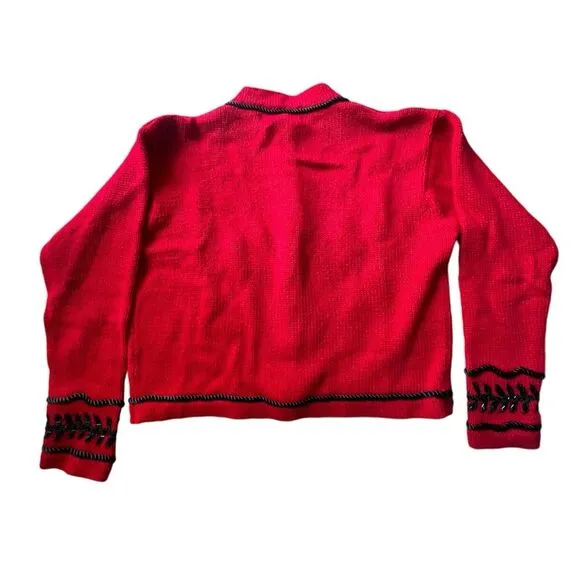 Vintage Amanda Smith Red and Black Knit Snap Front Cardigan Embroidered Sweater