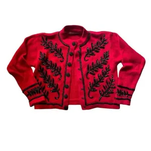 Vintage Amanda Smith Red and Black Knit Snap Front Cardigan Embroidered Sweater