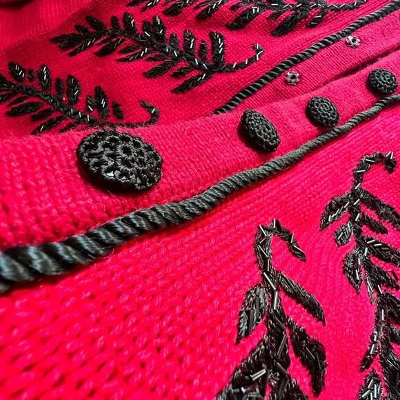 Vintage Amanda Smith Red and Black Knit Snap Front Cardigan Embroidered Sweater