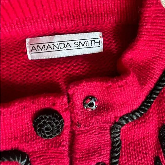 Vintage Amanda Smith Red and Black Knit Snap Front Cardigan Embroidered Sweater