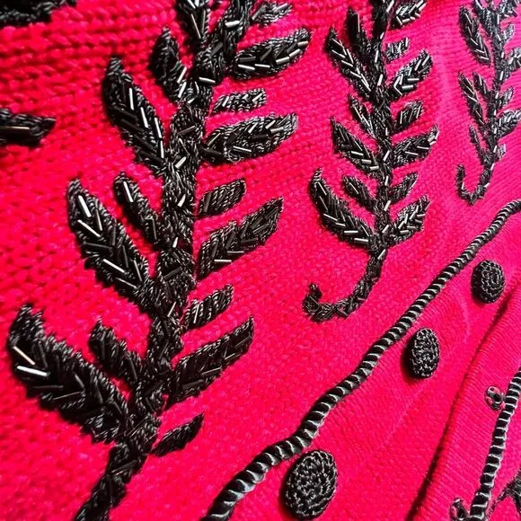 Vintage Amanda Smith Red and Black Knit Snap Front Cardigan Embroidered Sweater