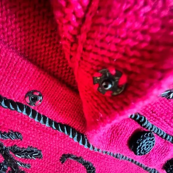 Vintage Amanda Smith Red and Black Knit Snap Front Cardigan Embroidered Sweater