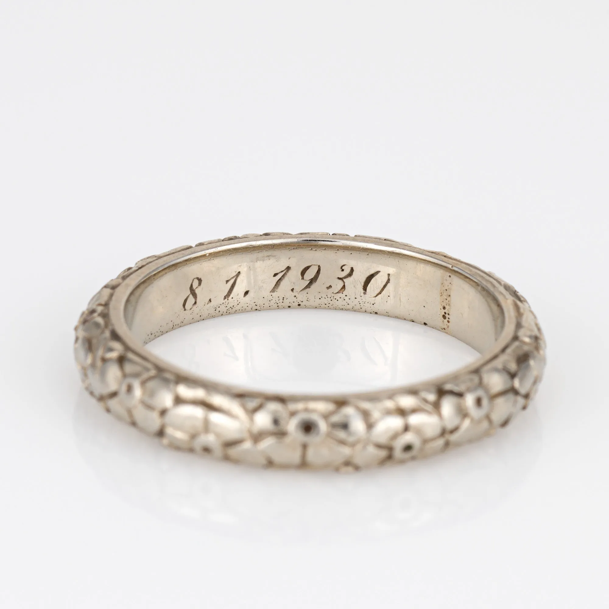 Vintage Art Deco Wedding Band Sz 10.25 Ring 14k White Gold Flower Pattern c1930