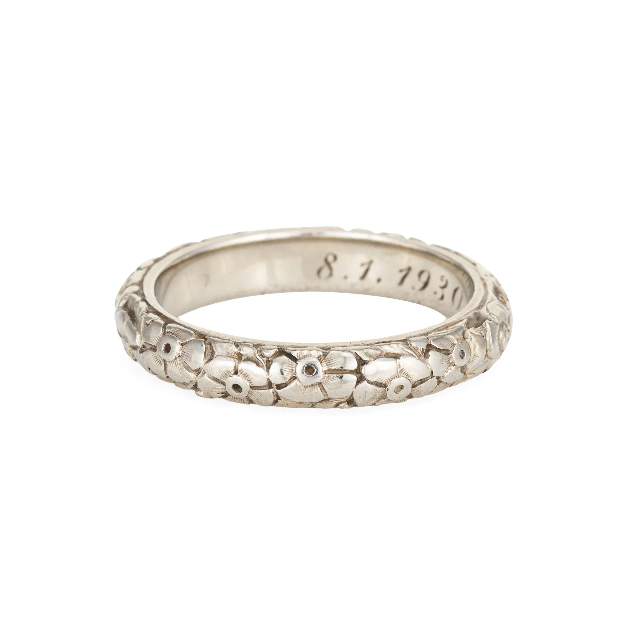 Vintage Art Deco Wedding Band Sz 10.25 Ring 14k White Gold Flower Pattern c1930
