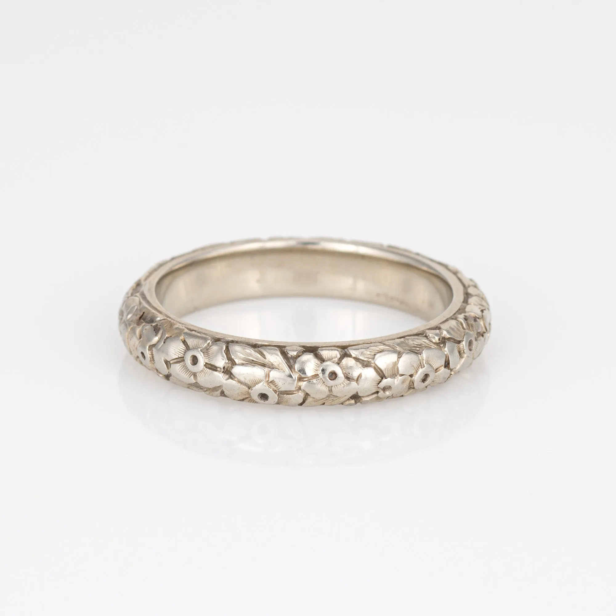 Vintage Art Deco Wedding Band Sz 10.25 Ring 14k White Gold Flower Pattern c1930