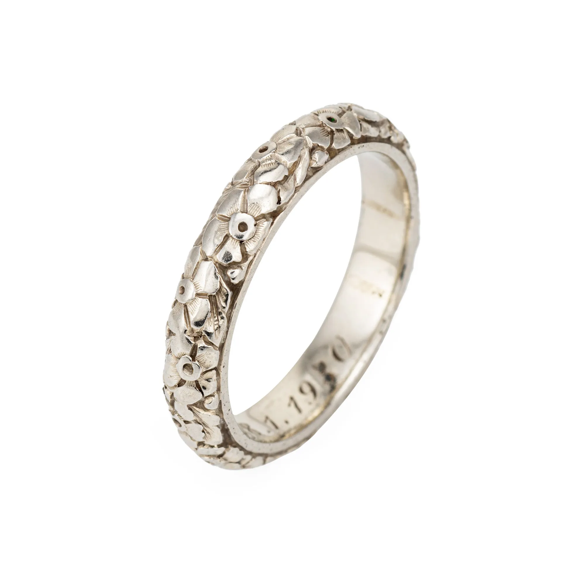 Vintage Art Deco Wedding Band Sz 10.25 Ring 14k White Gold Flower Pattern c1930