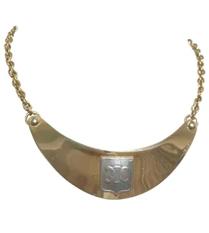 Vintage Celine gold tone crescent moon shape necklace with silver triomphe logo. 05062810