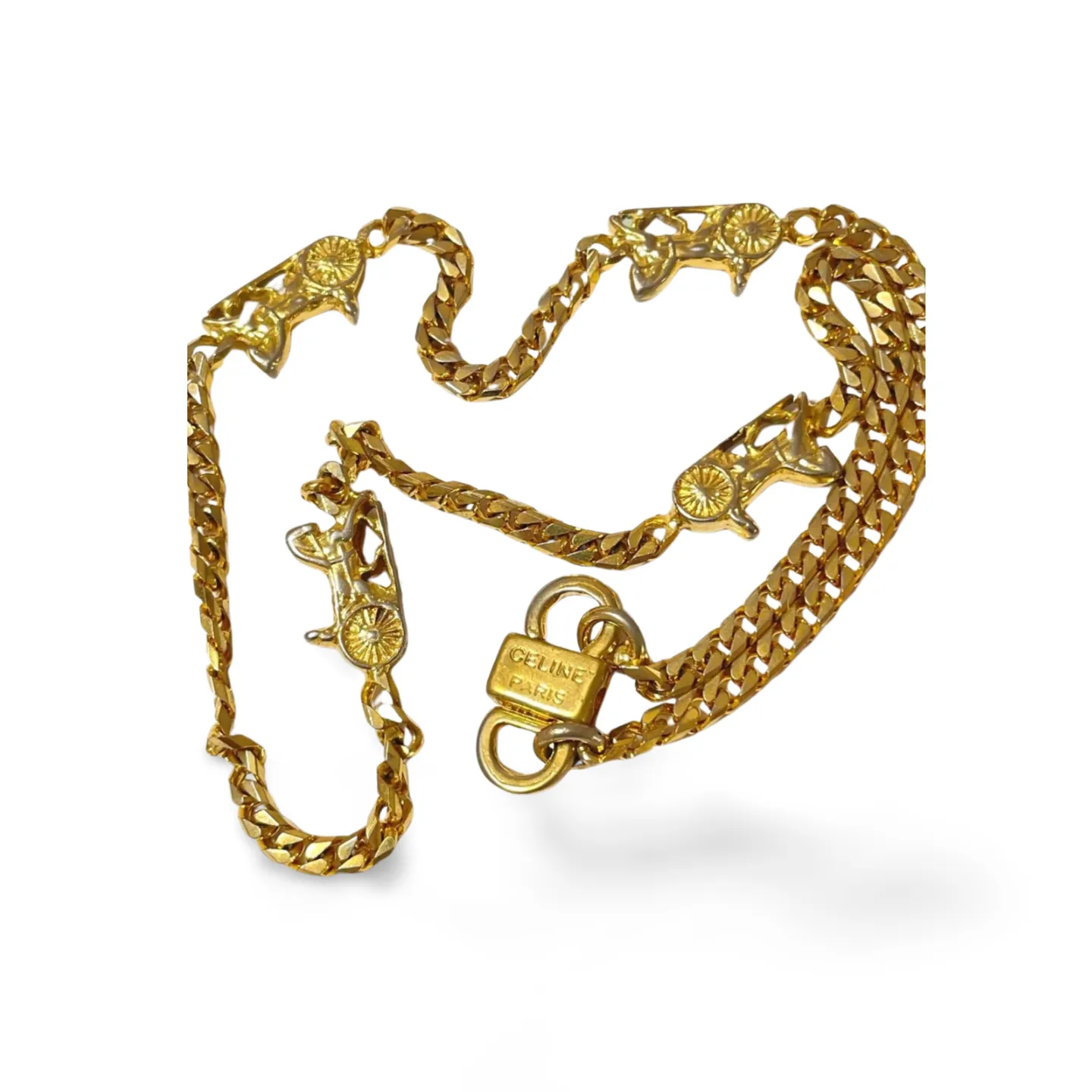 Vintage Celine golden chain necklace with carriage charms. Classic jewelry. 070107ac7
