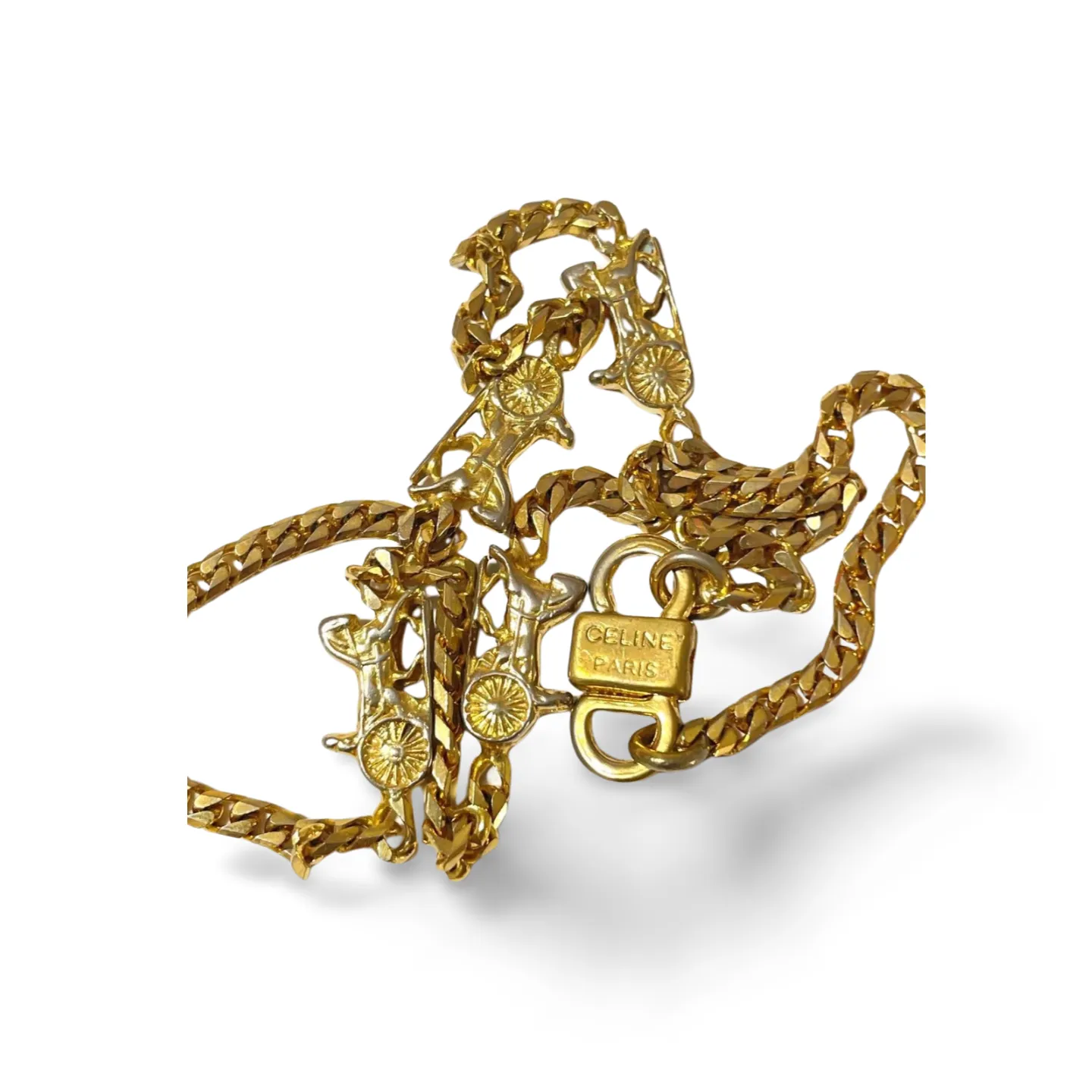 Vintage Celine golden chain necklace with carriage charms. Classic jewelry. 070107ac7