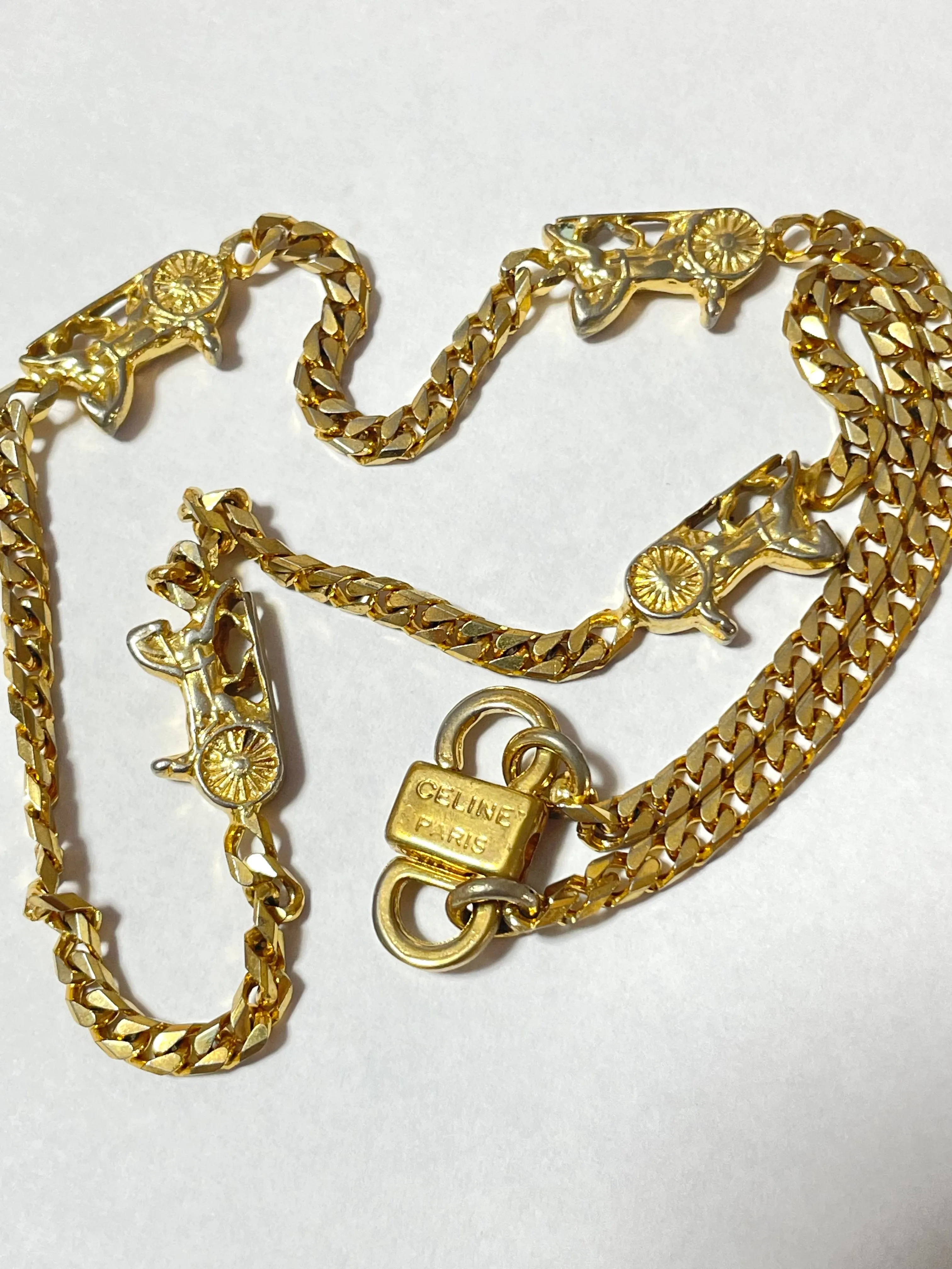 Vintage Celine golden chain necklace with carriage charms. Classic jewelry. 070107ac7