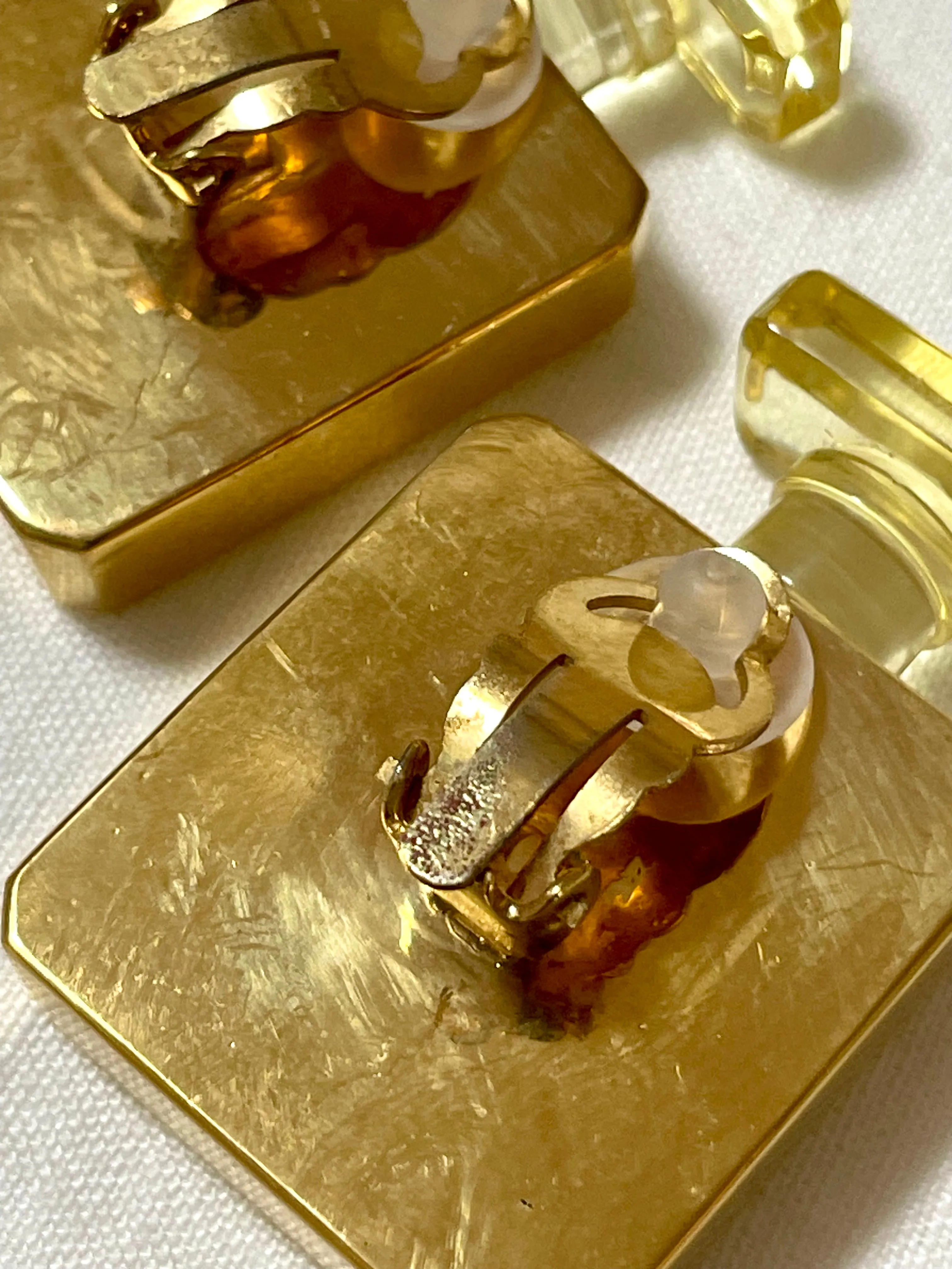 Vintage Chanel golden perfume bottle earrings with embossed logo. Large and heavy earrings. 070114ac2