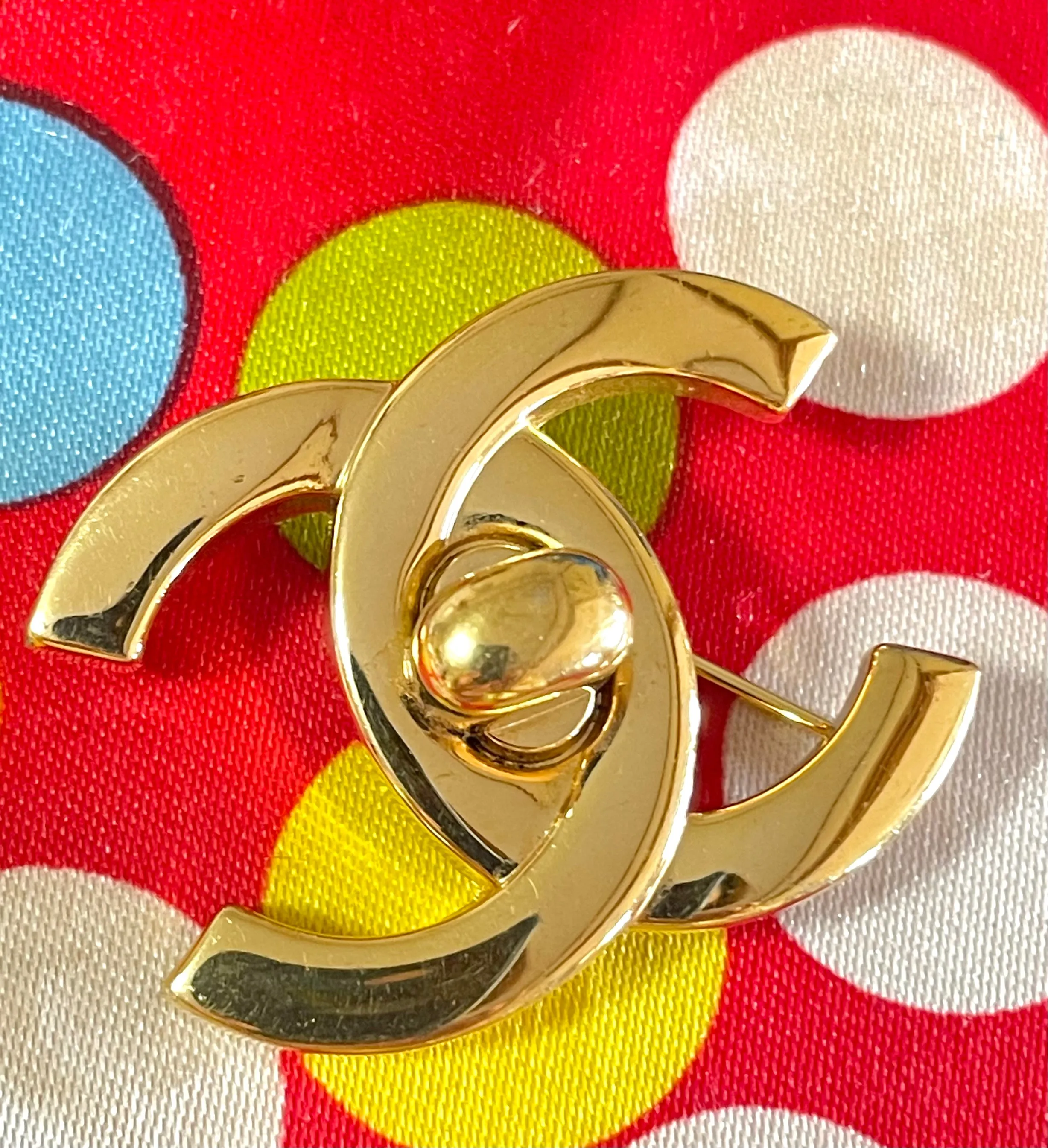 Vintage CHANEL golden turn lock CC pin brooch. Very classic and popular jewelry. Coco mark brooch. CC brooch. 050730ra
