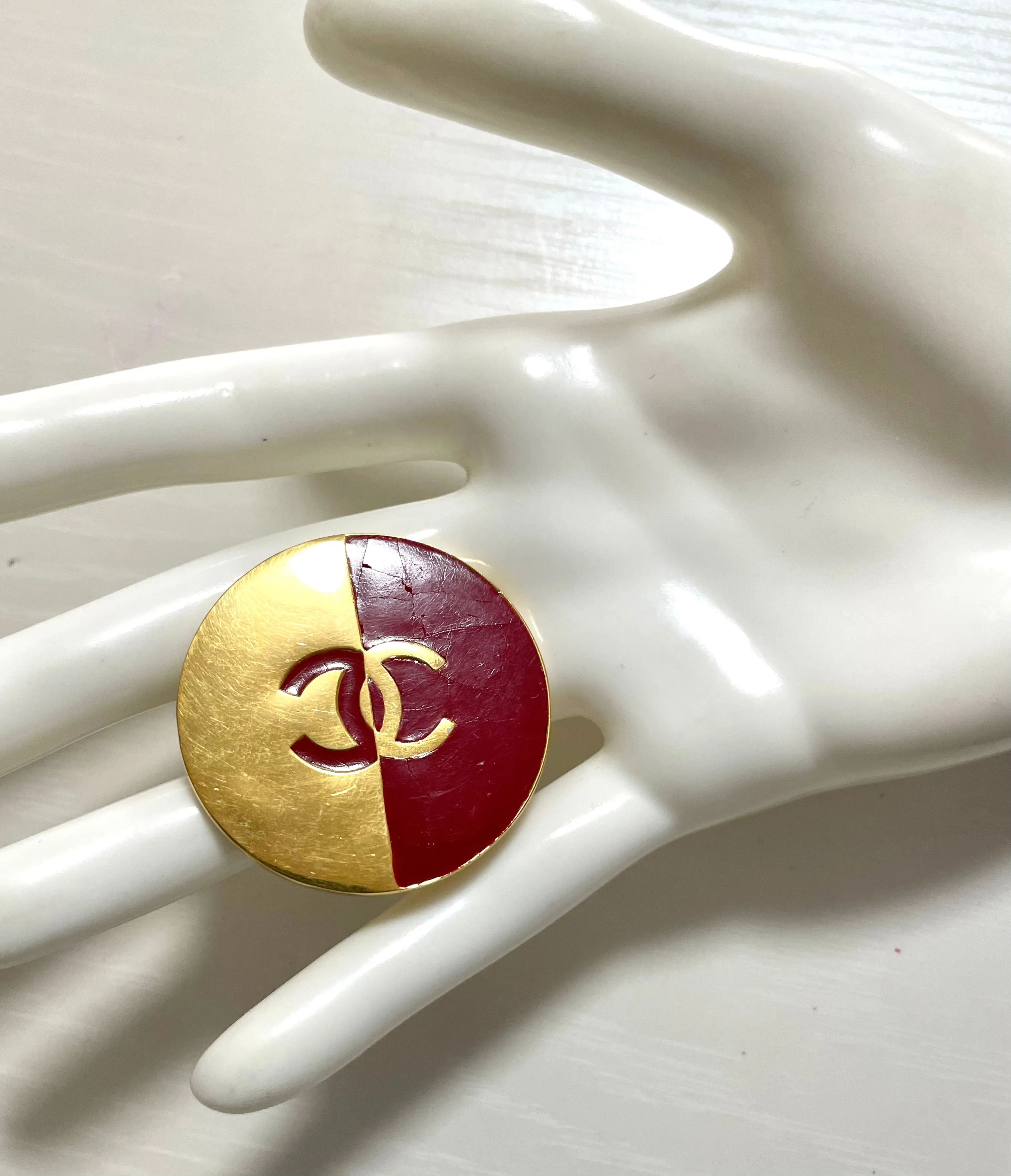 Vintage CHANEL red and gold round CC brooch. Hat, scarf, jacket. Great gift. 050619ya