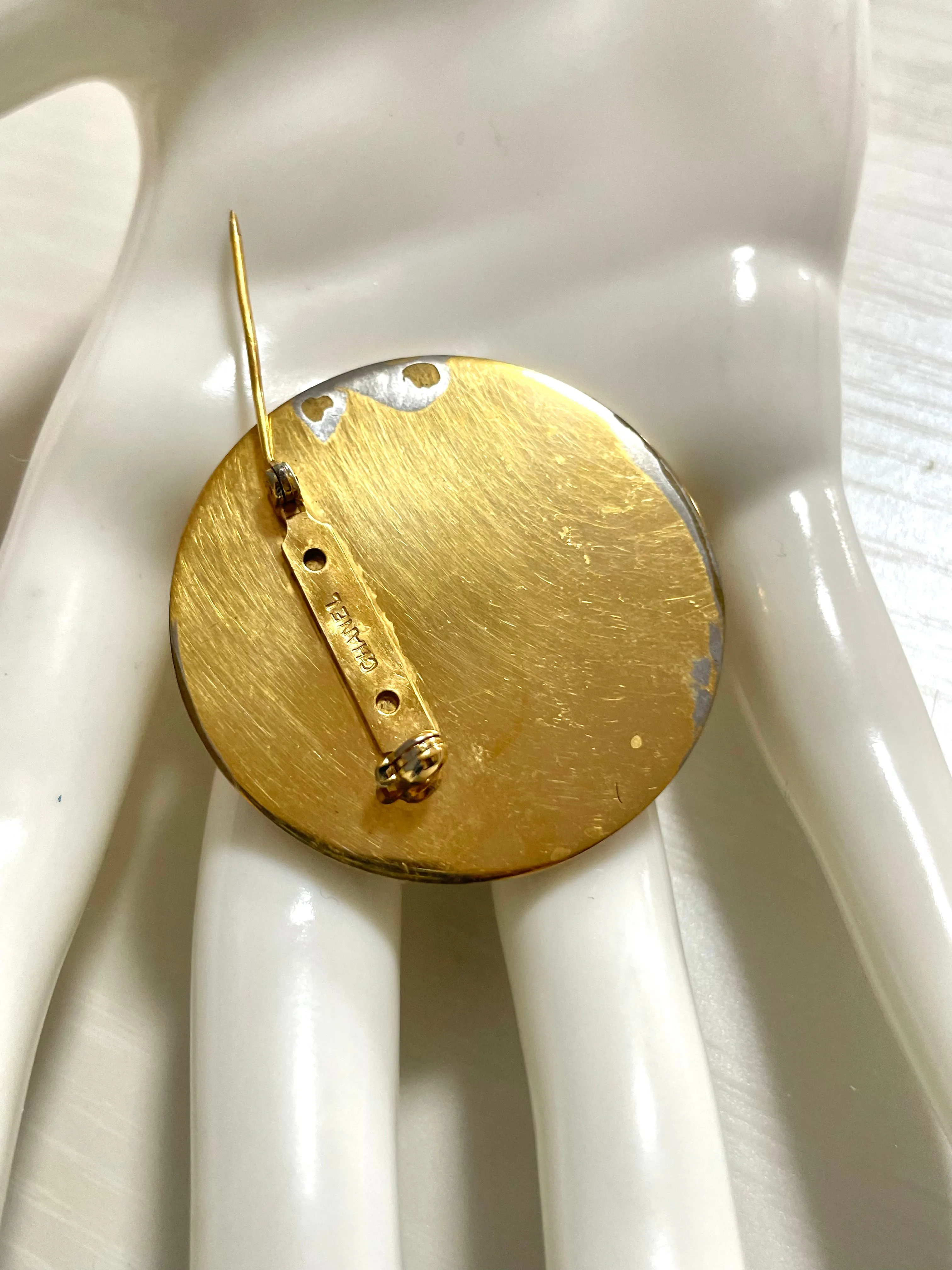 Vintage CHANEL red and gold round CC brooch. Hat, scarf, jacket. Great gift. 050619ya
