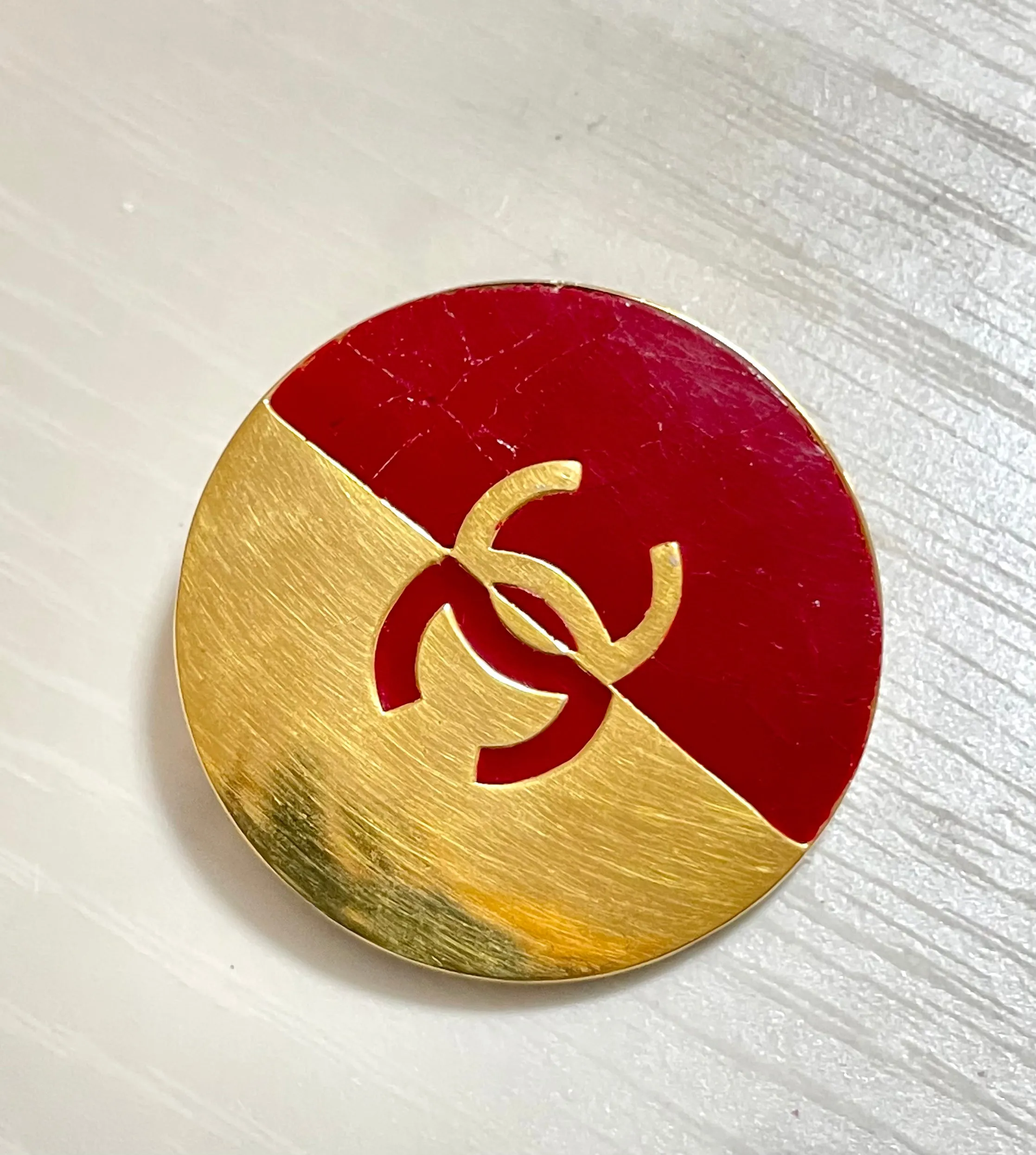 Vintage CHANEL red and gold round CC brooch. Hat, scarf, jacket. Great gift. 050619ya