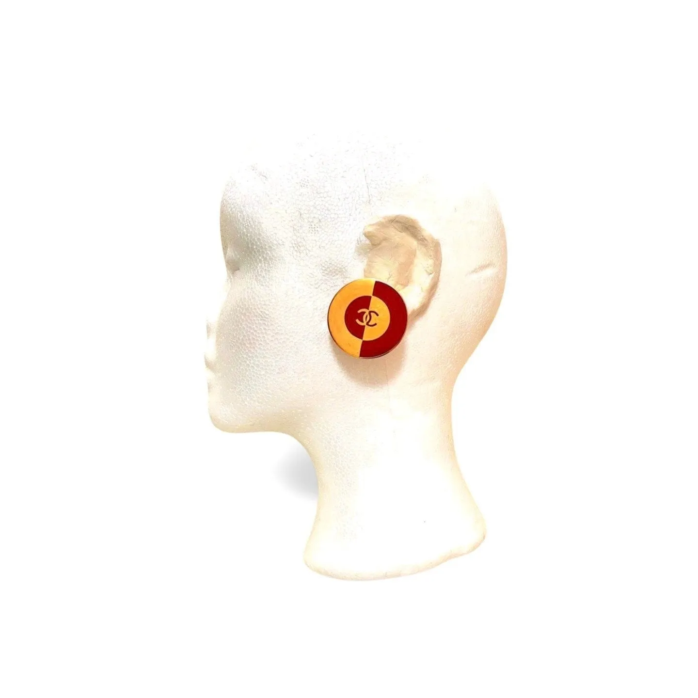 Vintage CHANEL red and gold round geometric design earrings with CC mark. Large earrings. 060116ac1
