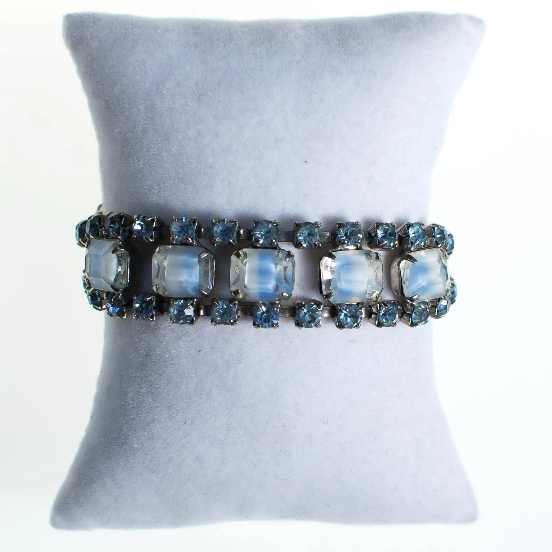 Vintage Cinderella Blue Givere Rhinestone Bracelet, Silver Tone, Snap Lock Clasp