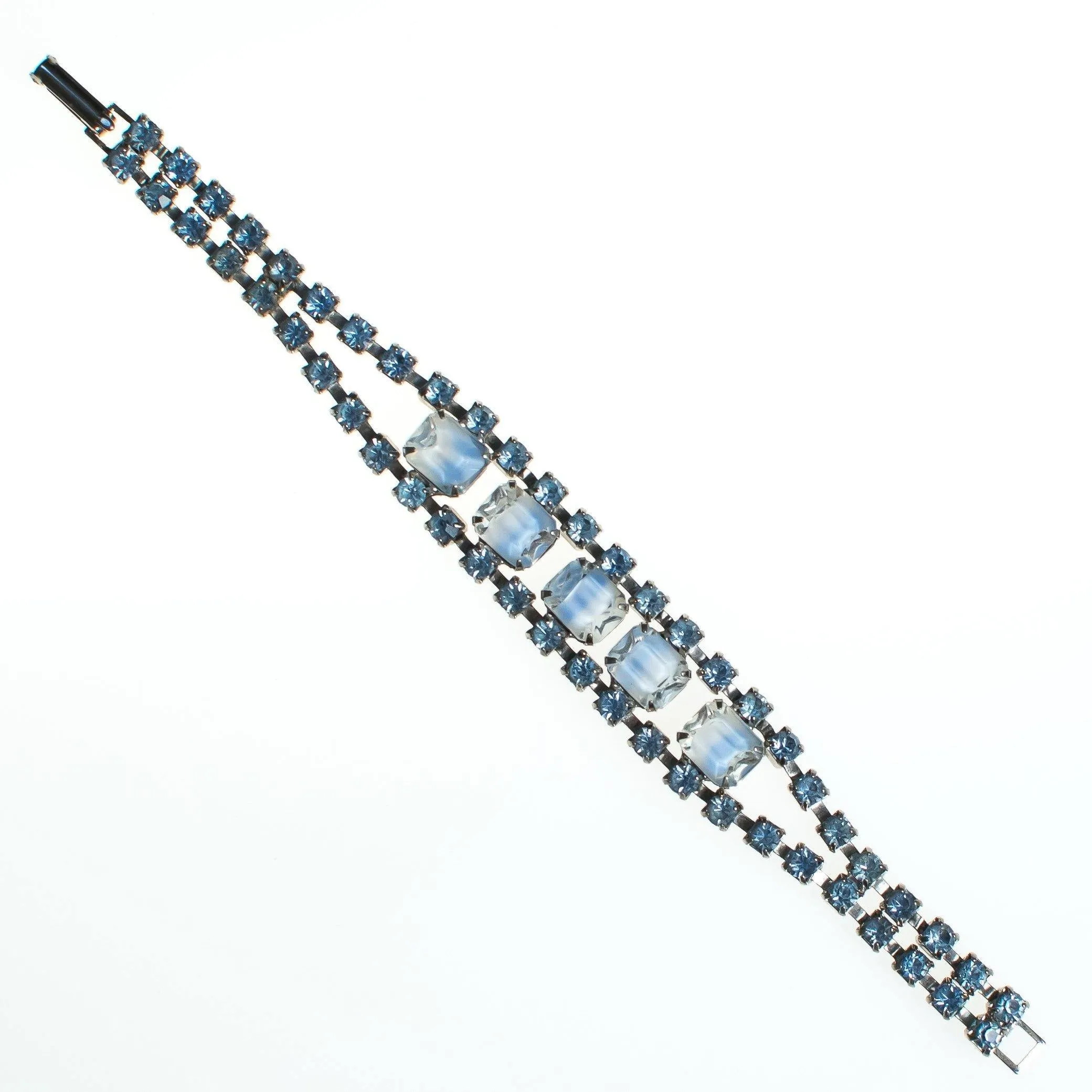 Vintage Cinderella Blue Givere Rhinestone Bracelet, Silver Tone, Snap Lock Clasp