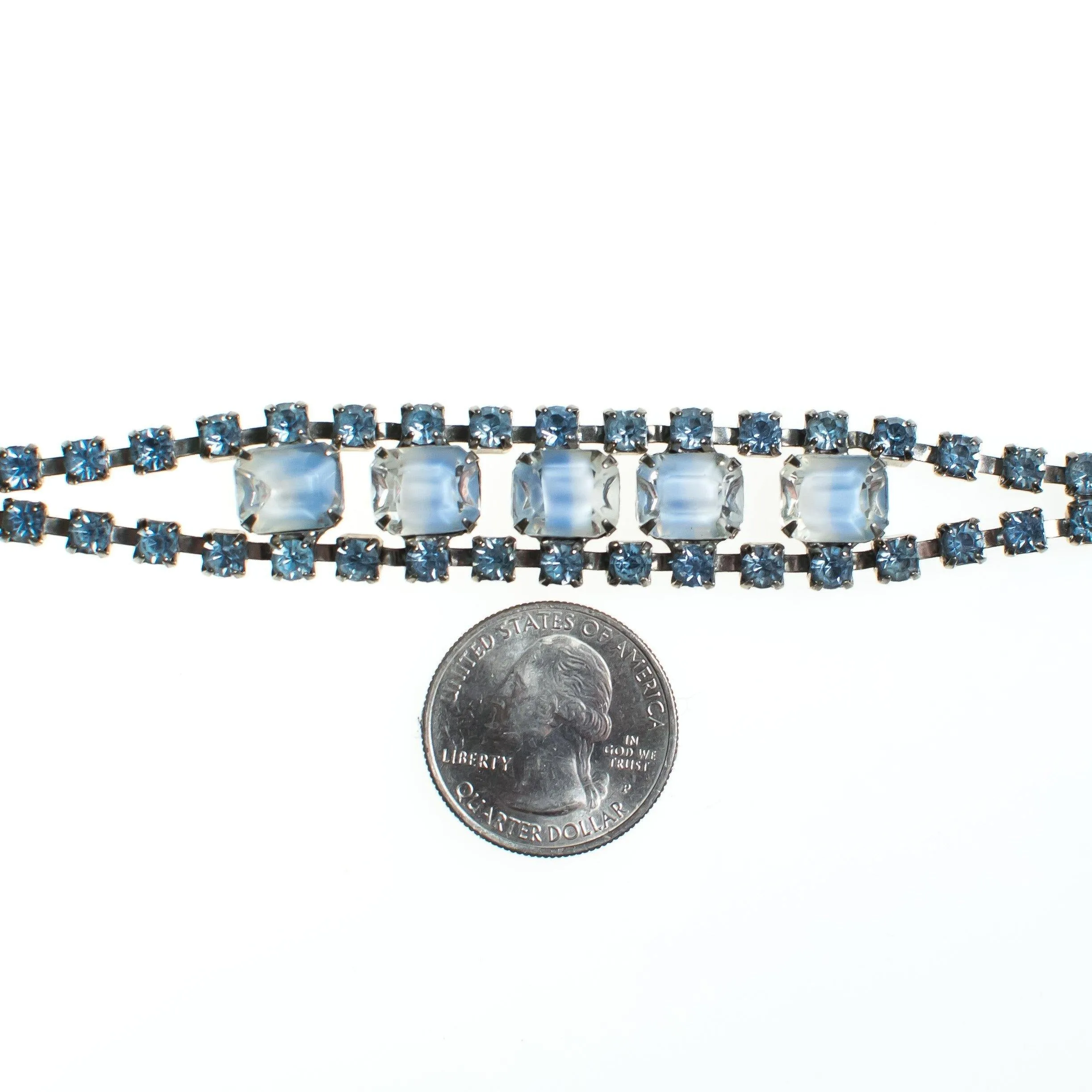 Vintage Cinderella Blue Givere Rhinestone Bracelet, Silver Tone, Snap Lock Clasp