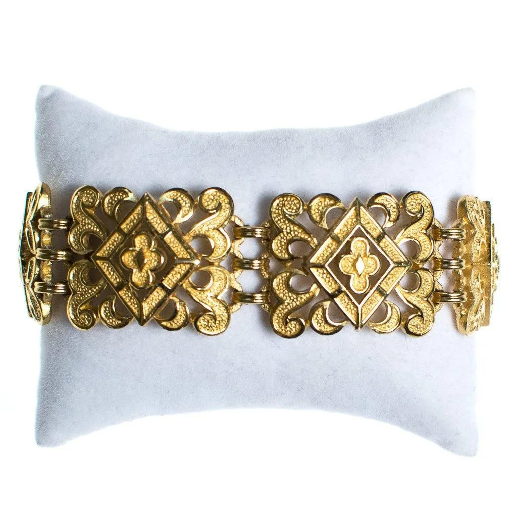 Vintage Crown Trifari Wide Scroll Link Gold Panel Bracelet