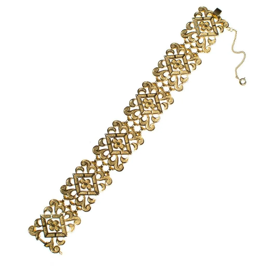 Vintage Crown Trifari Wide Scroll Link Gold Panel Bracelet