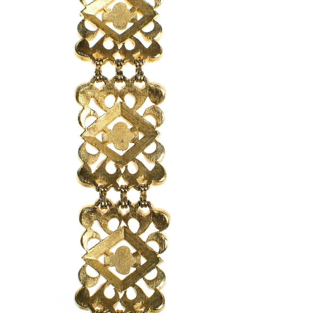 Vintage Crown Trifari Wide Scroll Link Gold Panel Bracelet