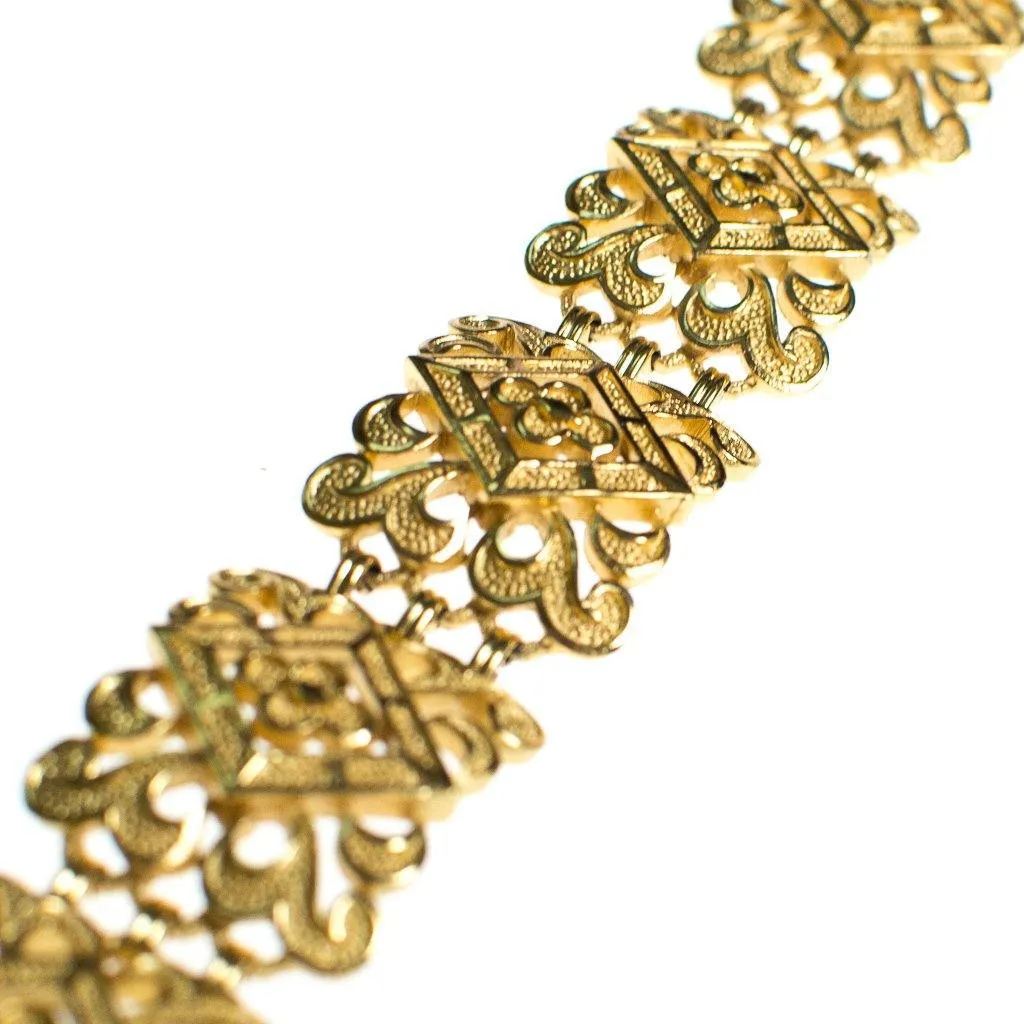 Vintage Crown Trifari Wide Scroll Link Gold Panel Bracelet