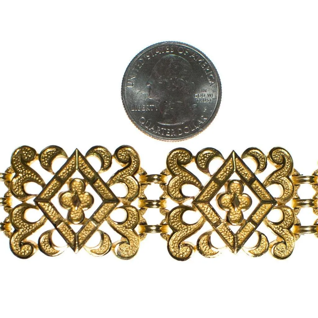 Vintage Crown Trifari Wide Scroll Link Gold Panel Bracelet