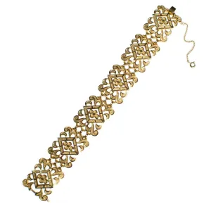 Vintage Crown Trifari Wide Scroll Link Gold Panel Bracelet