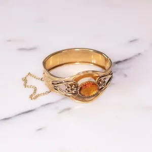 Vintage Czech Gold Tone Embossed Statement Bracelet  Amber Rhinestone